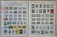 Two album pages of Ghana stamps showing first 40+ stamps