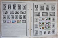 Two album pages showing 24 Liberian stamps – sports, wildlife and cultural themes
