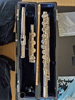 Open case showing flute parts, cleaning rod, velvet interior