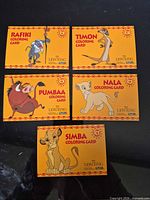 Fronts of all five Lion King colouring cards showing character art and titles