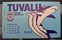 Front cover of Tuvalu stamp booklet showing shark design and contents list