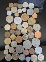 All 51 assorted world coins laid out showing obverse designs and varying sizes