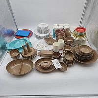 Full layout of assorted melamine dishware showing all colours and styles