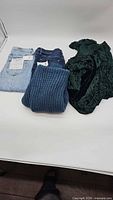 All four clothing items folded: light blue jeans, dark jeans, blue sweater, green velvet robe