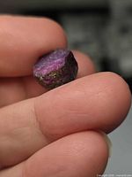 Raw ruby crystal held between fingers showing deep red-purple color