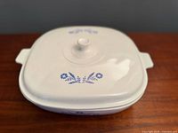top view of covered square casserole showing Blue Cornflower motif
