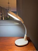 Lamp lit on desk, showing base, neck and head
