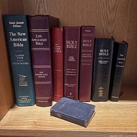 Seven Bibles standing upright plus one miniature Bible on shelf