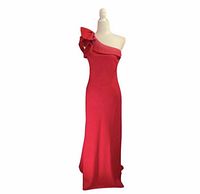 Front view of red one-shoulder floor-length gown on mannequin