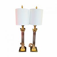 Full view of both Corinthian column crystal lamps with shades attached