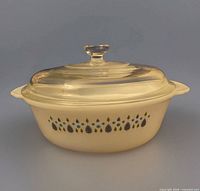 Front view of casserole with lid showing pattern and shape