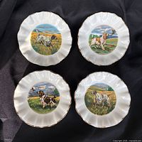 Front view of all four plates showing dog scenes and rim style