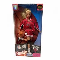 Front view of boxed NBA Barbie Chicago Bulls doll