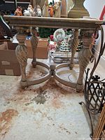 Full view of side table showing top, legs, stretcher and overall condition