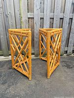 Pair of honey rattan bamboo side tables, front and side view