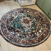 Full view of round Oriental/Persian style rug on floor