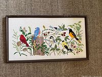 Full framed embroidered wall art showing birds and foliage