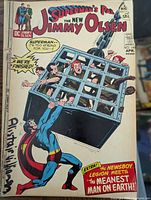 Front cover of Jimmy Olsen comic showing issue number, date, cover art