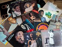 Group shot of all visible 1960s-1970s soul and R&B vinyl LP records with jackets