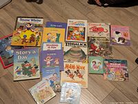 Top-down view of sixteen assorted children’s books laid out on wooden floor