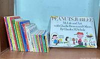 All books lined on shelf showing Peanuts Jubilee and slim children’s books