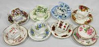 Group shot of eight assorted teacup and saucer sets