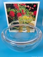 Front view of clear glass bowl displayed in front of original box