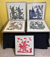 Group shot of all five framed Thai prints showing color variations
