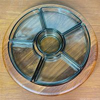 top view showing teak base and smoked glass divided tray