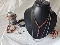 Group shot showing necklaces on bust, bracelets, earrings and brooch