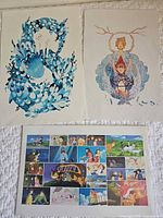 Three prints laid out: two illustration prints and one Ghibli collage print