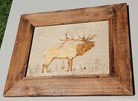 Front view of framed woodburned elk artwork