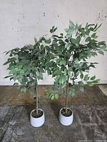 Full view of both artificial trees in ceramic pots