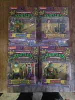 Front view of four sealed TMNT Adventures figures: Leonardo, April O'Neil, Mondo Gecko, Raphael