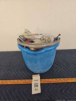 Full view of blue bucket holding assorted hardware with ruler for scale