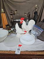 assortment of lamp bases, ceramic rooster, glass shades