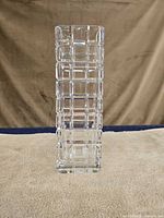 front view of cubist clear glass vase
