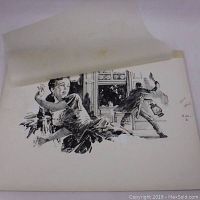 Photo showing the vellum overlay partially lifted, revealing the black and white ink drawing beneath of a distressed woman and a man holding a lantern near a window.