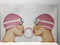 Front view of colorful retro poster depicting two female swimmers with pink swim caps blowing a large pink bubblegum bubble between them.