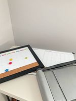 Paper cutter and two calendar boards on desk