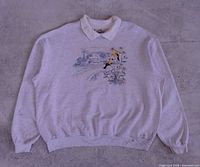 Full front view of sweatshirt showing overall design, collar, cuffs, waistband