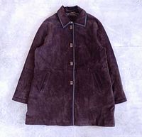 Full front view of suede jacket buttoned