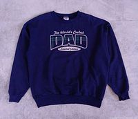 Full front view of navy crewneck with graphic