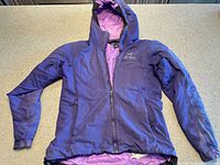 Full view of purple Arc’teryx hooded jacket front side