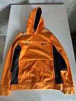 Full view front of orange McLaren youth hoodie with black panels