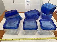 Group shot of all cobalt blue Criss Cross refrigerator and butter dishes