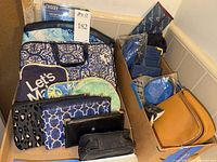 Overall view of two boxes with assorted bags, pouches, voltage converter packaging