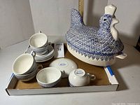 Full lot showing rooster casserole, teacups, saucers, sugar bowl