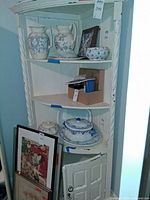 Full view of hutch with shelves, lower doors, distressed finish