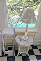 Round wicker side table, rectangular wicker stand, wicker table lamp